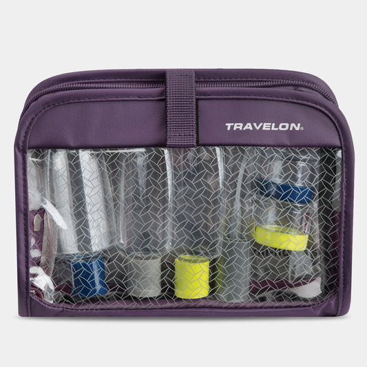 Travelon 3-1-1 Wet/Dry One Quart Clear Hanging Toiletry Bag with Bottles and Jars Plum