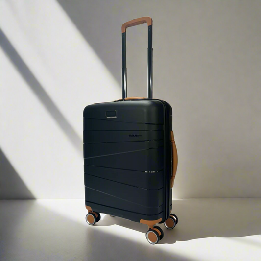 Lieber's Luggage Legacy 21" Hardside Carry-On Spinner in black with tan accents