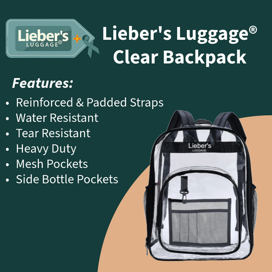 Lieber's Luggage® Lab Clear Stadium Backpack — heavy-duty PVC, padded straps, venue-ready