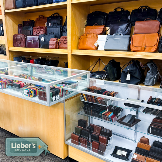 The display cases are fully loaded and looking great! We just unpacked a massive new shipment of premium leather goods.