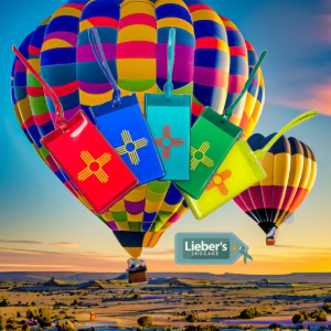 Colorful Lieber's Zia Luggage Tags flying on hot air balloons over New Mexico