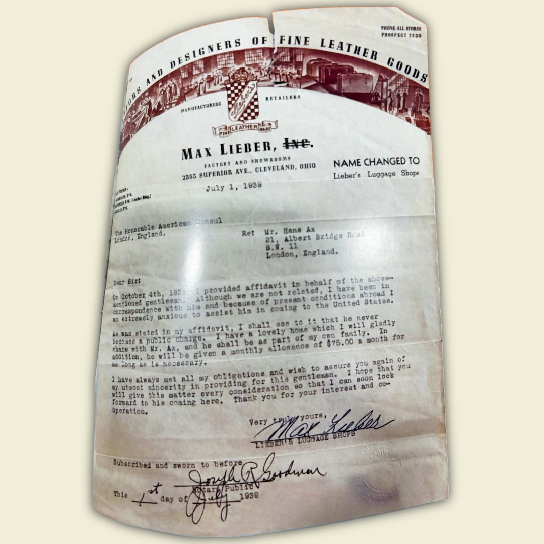 The original 1939 affidavit signed by Max Lieber on Lieber's Luggage Shops letterhead, sponsoring Hans Ax's emigration from Austria to the United States.