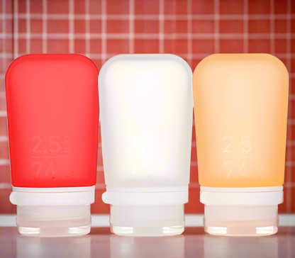Humangear 2.5 oz GoToob+ 3-Pack Silicone 3-1-1 Toiletry Bottles (MEDIUM) Clear Red Orange
