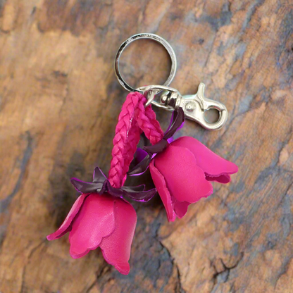 Small Leather Bag Charm/Keychain- Tulips Magenta