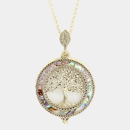 The Tizana 6x Magnifying Glass Pendant Necklace Sliding Tree of Life With Abalone Antique Gold