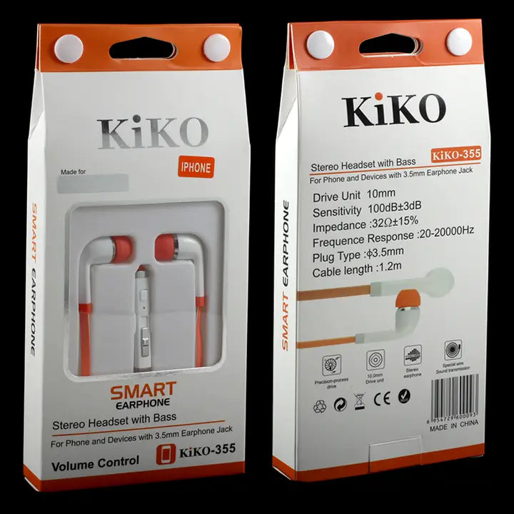 Front and back views of a Kiko Kiko-355 Stereo Headset with Bass in its original retail packaging, shown against a black background.