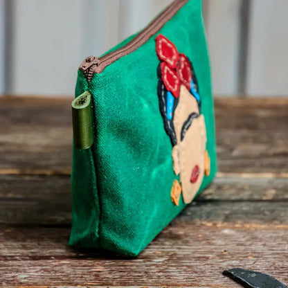 In Blue Handmade Leather Applique | Wax Canvas Zipper Pouch