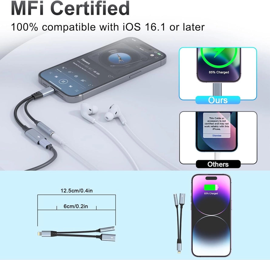 A promotional graphic for a black and silver dual USB-C charging cable. The image shows the cable connected to a smartphone, white earbuds, a dimension diagram of the cable length, and a comparison graphic labeled 'Ours' versus 'Others' showing charging status on an iPhone.