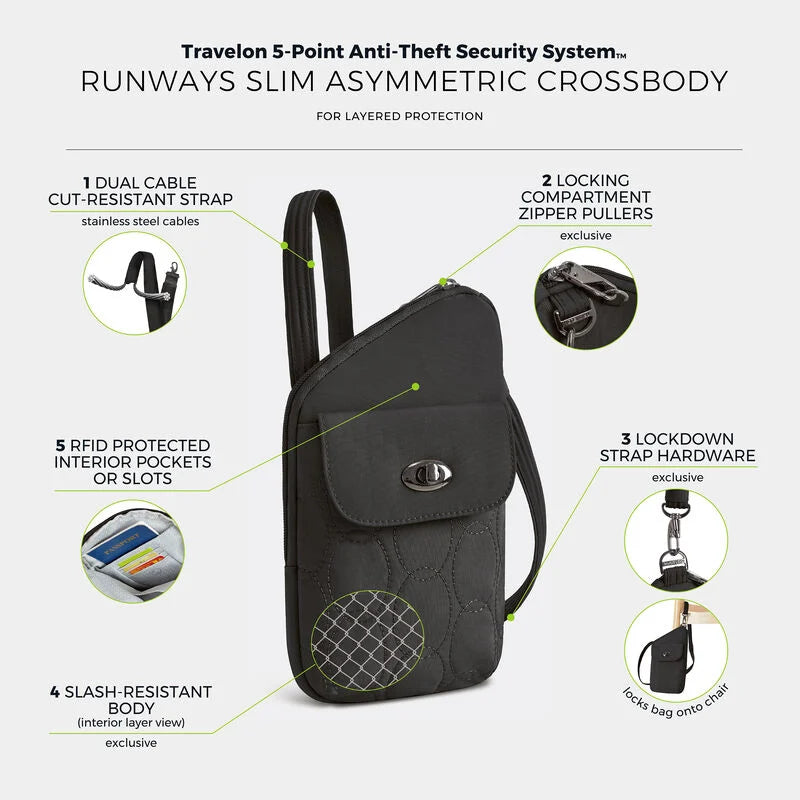 Travelon Runways Anti-Theft Slim Asymmetric Crossbody w/ RFID