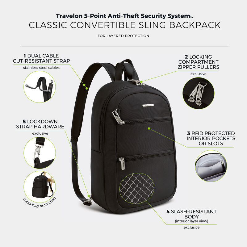 Travelon Anti-Theft Classic Convertible Sling Backpack