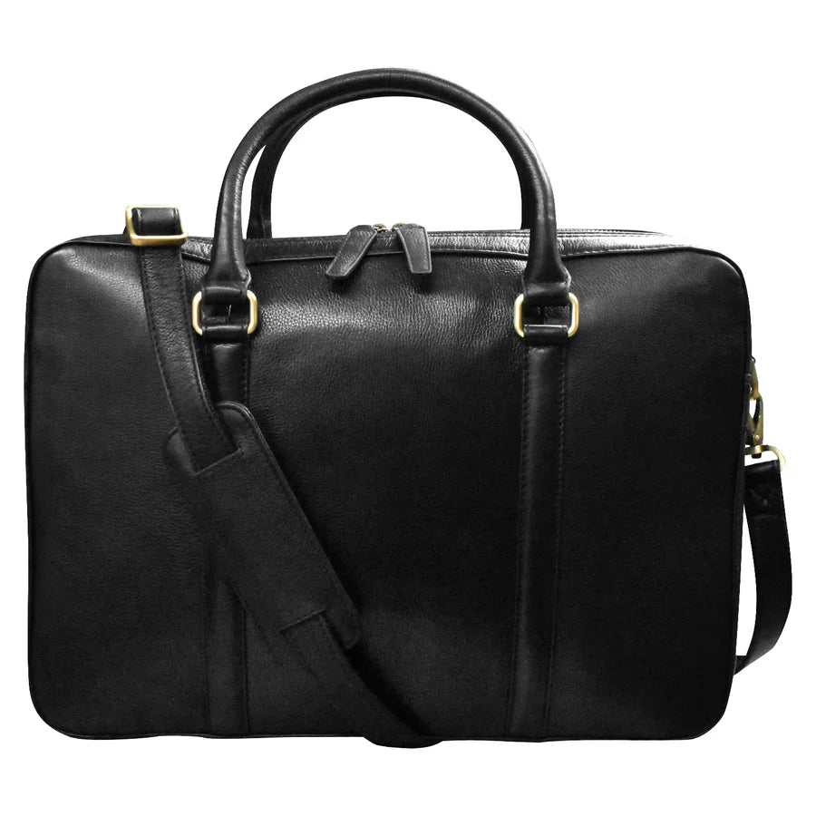 Leather Laptop Briefcase with Passthrough Trolley Sleeve Black