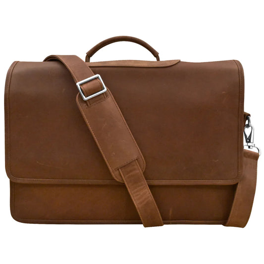 ili New York Leather Flap Briefcase- 6119 Rustic Brown