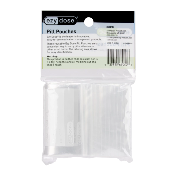 A package of Ezy Dose Pill Pouches, containing clear plastic resealable pouches with white labeling, sealed in a clear plastic bag with a black and white header card.