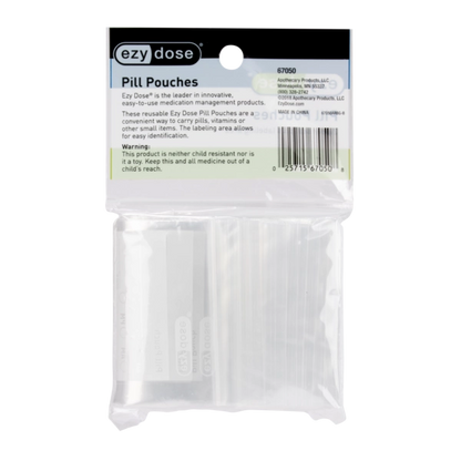 A package of Ezy Dose Pill Pouches, containing clear plastic resealable pouches with white labeling, sealed in a clear plastic bag with a black and white header card.