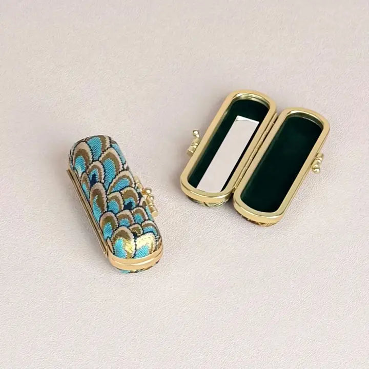 Cathayana Brocade Lipstick Case with Mirror Feather- Teal & Gold