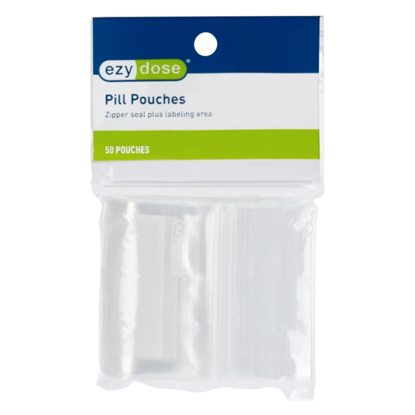 A package of Ezy Dose Pill Pouches, containing 50 clear plastic zipper-seal pouches, shown in its original retail packaging with a blue, white, and green label.