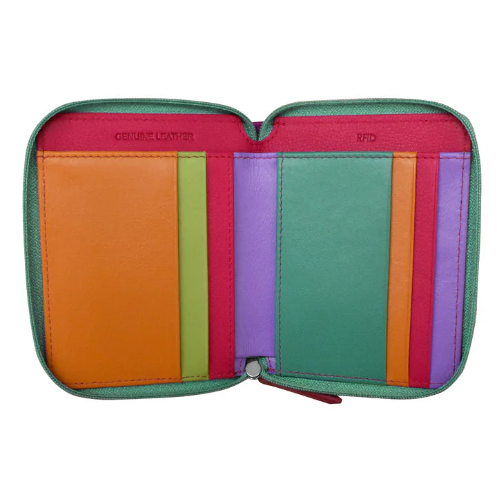 ili New York Small Leather RFID Multi Color Zip Wallet- 7858