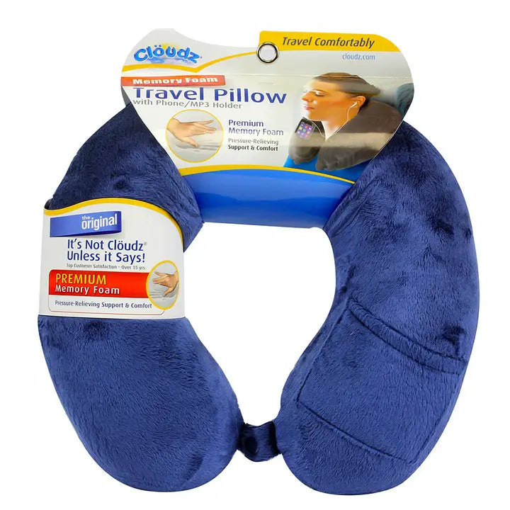 Cloudz Memory Foam Travel Neck Pillow with Snap Blue
