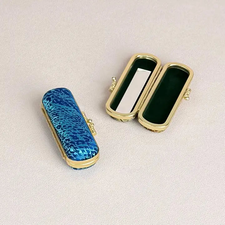 Cathayana Brocade Lipstick Case with Mirror Animal Skin- Blues