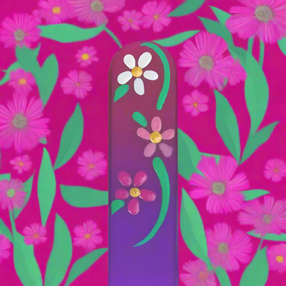 Czech Glass Nail File - Small- Hand Painted Vibrant Flower Magenta Purple