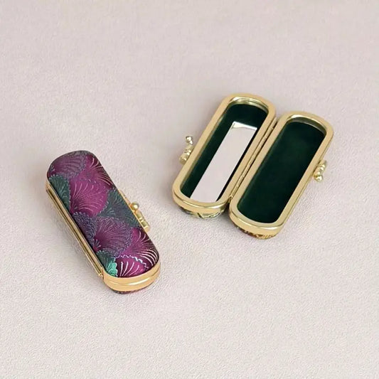 Cathayana Brocade Lipstick Case with Mirror Seashell- Burgundy & Green
