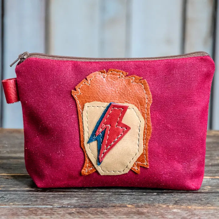 In Blue Handmade Leather Applique | Wax Canvas Zipper Pouch- $49