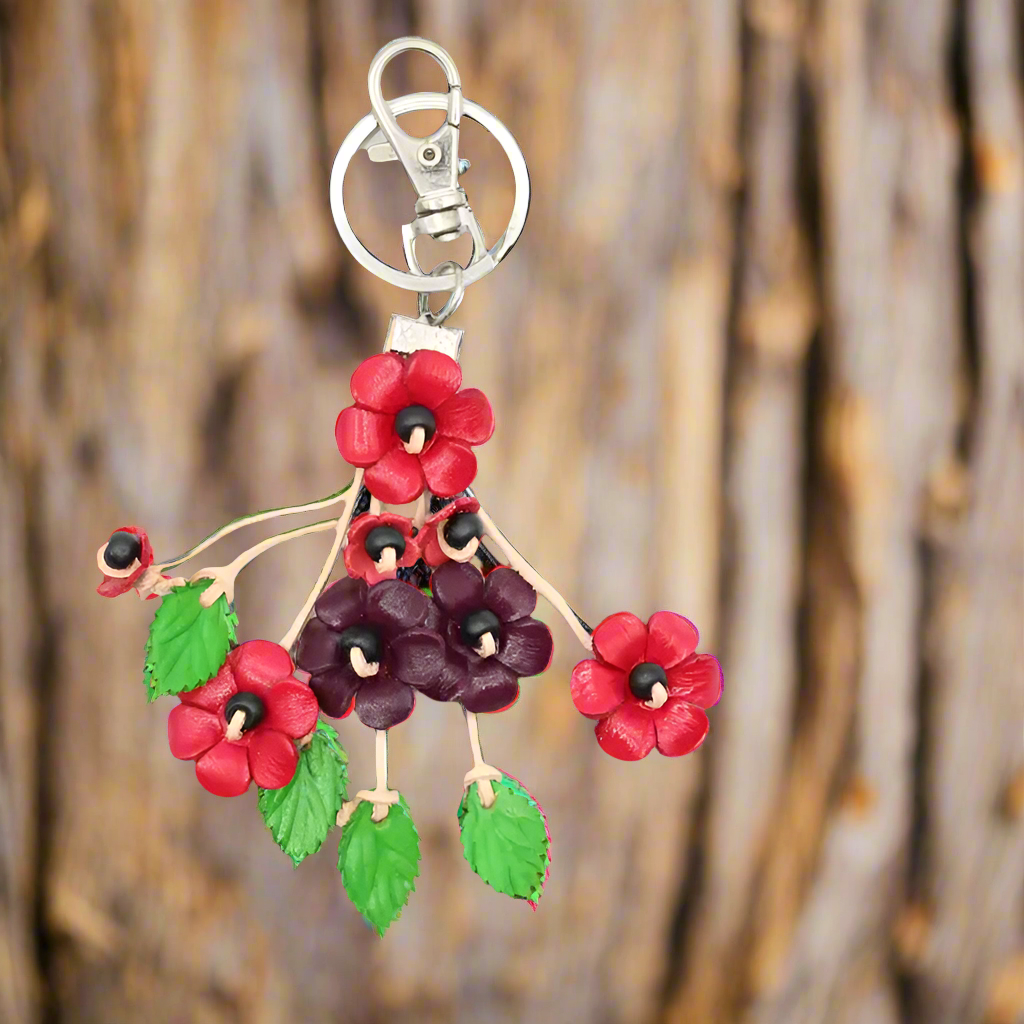 Small Leather Bag Charm/Keychain- Poppies