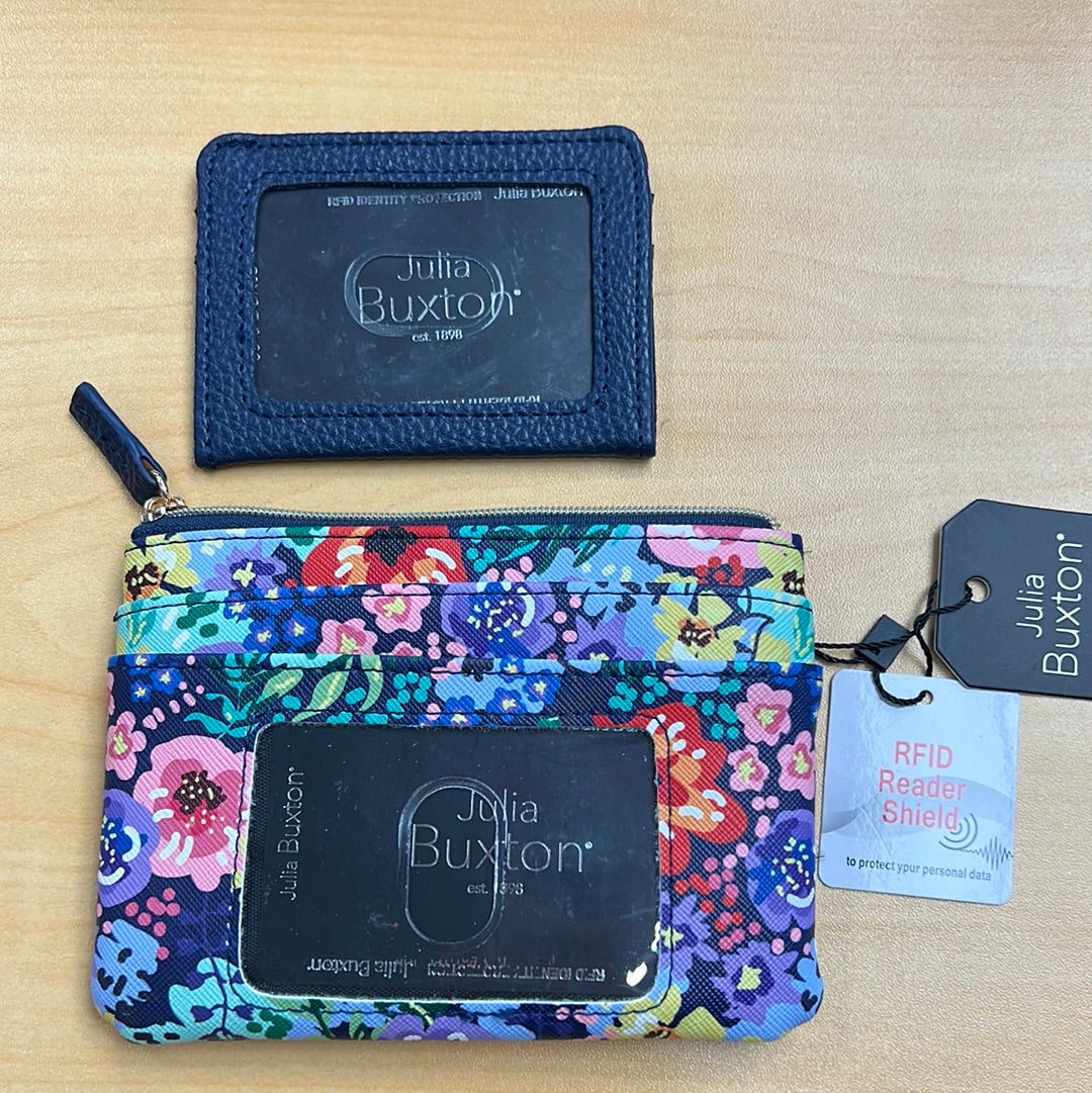 On Sale- Julia Buxton Vegan RFID Coin/Card/ID Wallet- Ditsy Garden/Deep Blue