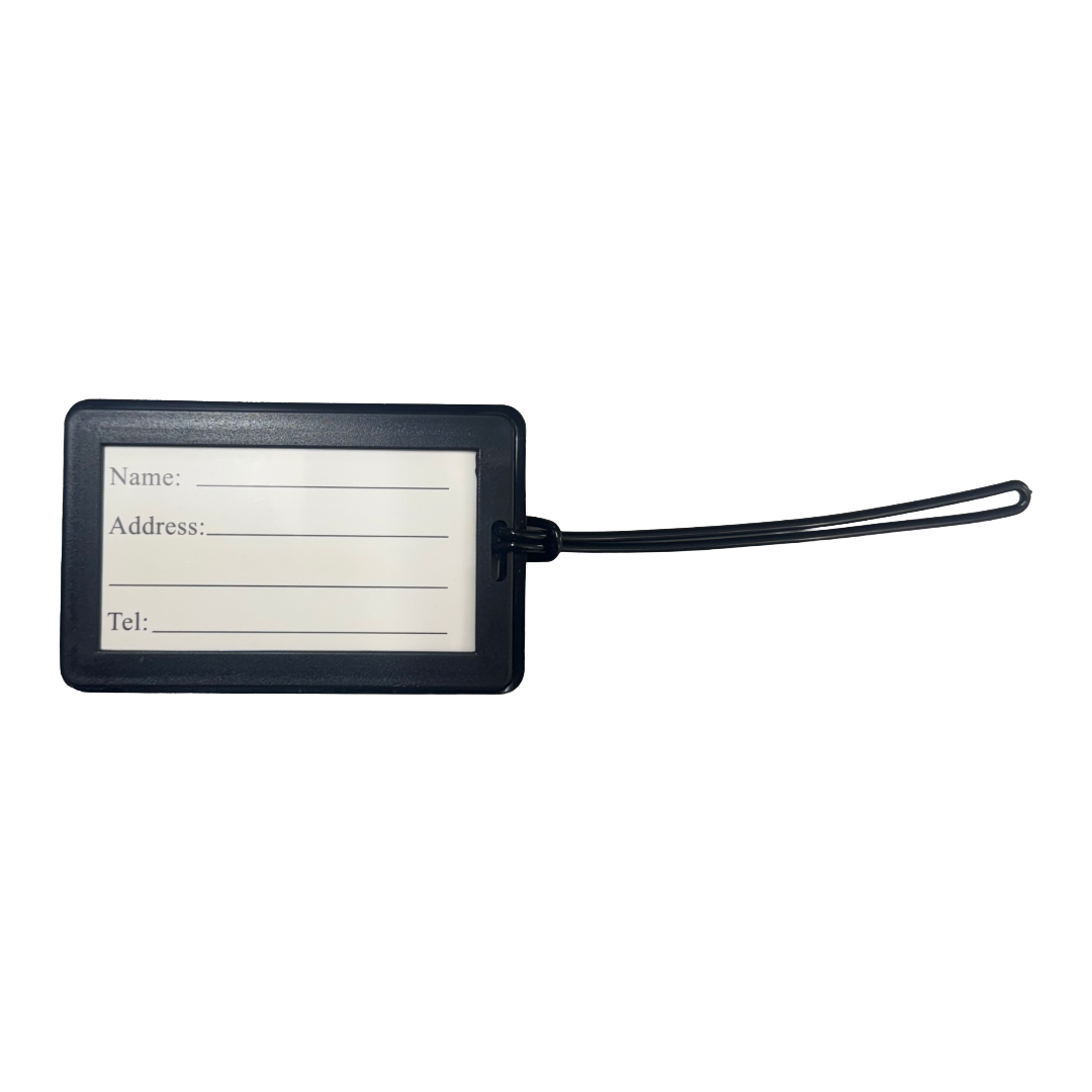#Black luggage tag with a white label on a white background. "Name: _____ Address: _________ Tel:________" 