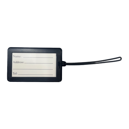 #Black luggage tag with a white label on a white background. "Name: _____ Address: _________ Tel:________" 