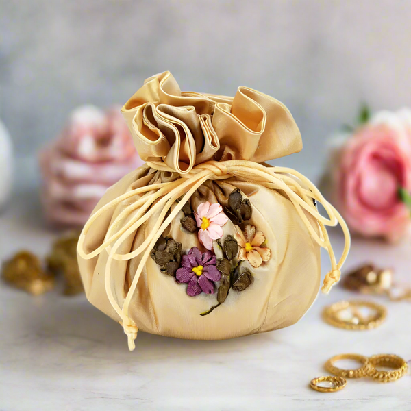 Cathayana Jewelry Pouch Handmade Ribbon Flowers- Cream