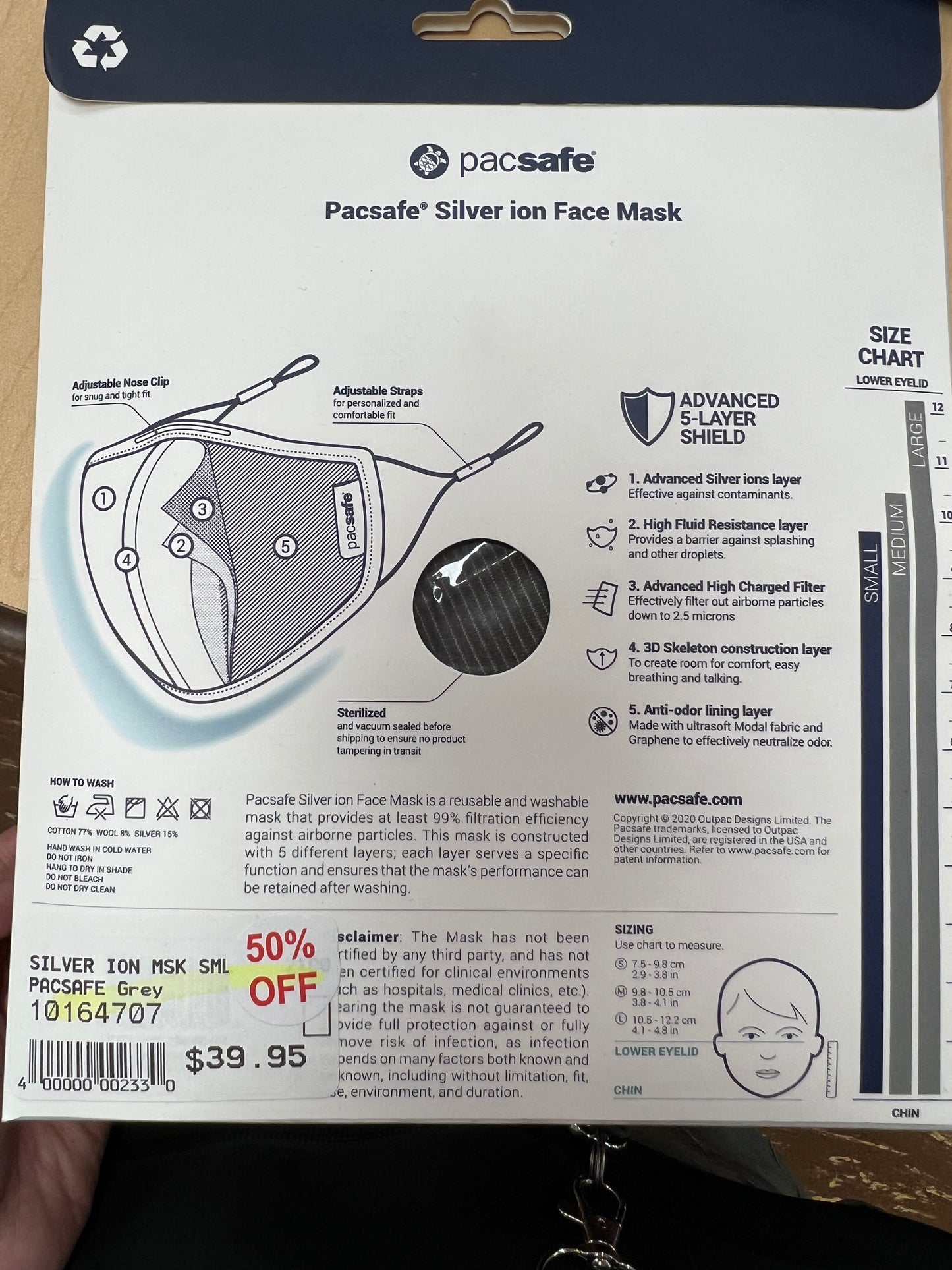 On Sale- Pacsafe 5-layer Silver Ion Facemask (Small)