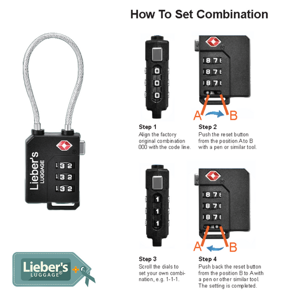 #How to set combination. Step 1: Align the factory original combination 000 with the code line. Step 2: Push the reset button from the position A to B with a pen or similar tool. Step 3: Scroll the dials to set your own combination (e.g. 1-1-1). Step 4: Push back the reset button from position B to A with a pen or similar tool. Setting is completed. 