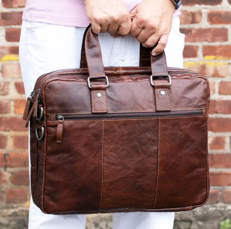 Jack Georges Buffalo Leather Double Gusset Zippered Briefcase w/ Trolley Sleeve  7317