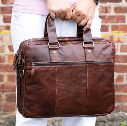 Jack Georges Buffalo Leather Double Gusset Zippered Briefcase w/ Trolley Sleeve 7317