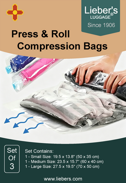 Lieber's Luggage Press & Roll Compression Bags set of 3, featuring a graphic layout with product demonstration showing hands pressing down on a packed bag, color options in blue and pink, and product specifications.