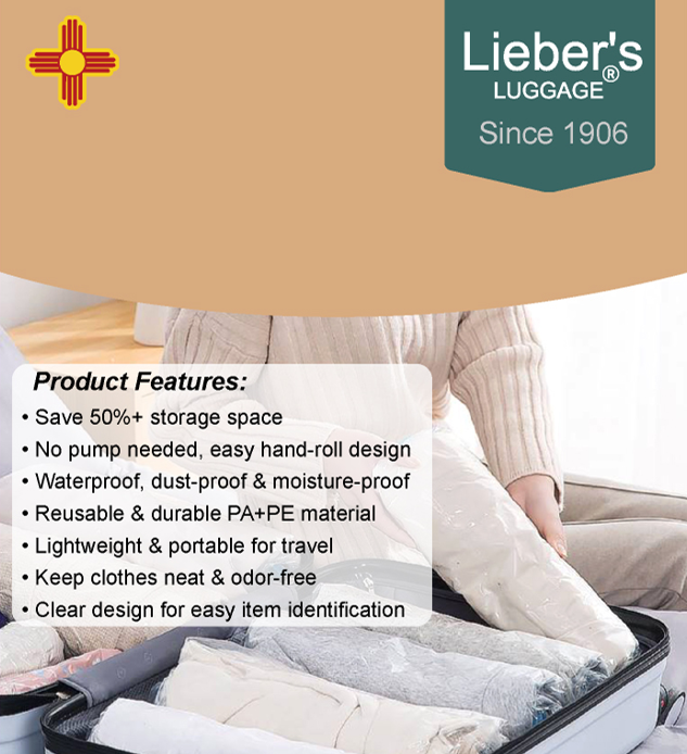 Lieber's Luggage reusable clothes organizer shown in an open suitcase with folded garments inside. The image includes a beige header with the Lieber's Luggage logo and a product features text box describing storage space, pump-free design, waterproof and moisture-proof material, durability, portability, and odor-free storage.