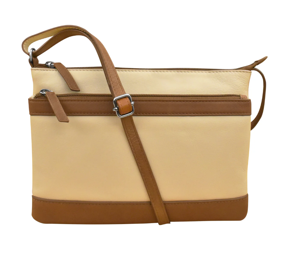 ili New York Leather Double Zip Multi Color Crossbody- 6028 Stone Antique Saddle