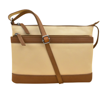 ili New York Leather Double Zip Multi Color Crossbody- 6028 Stone Antique Saddle