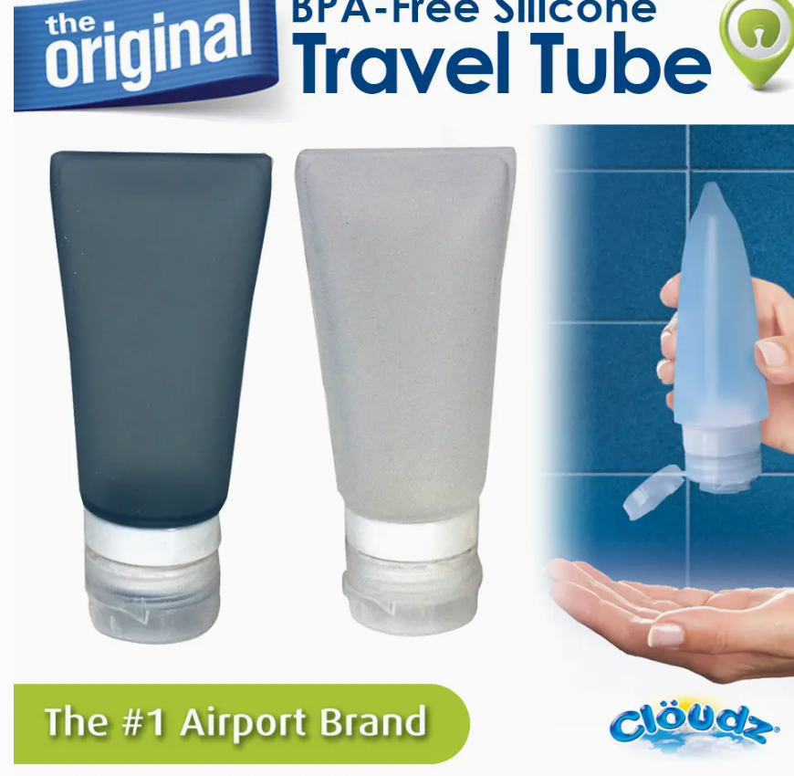Cloudz BPA-Free Silicone Travel Tubes- 2 Pack (2 fl oz each; TSA 3-1-1 Sized) Blue & White