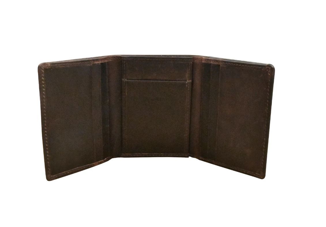 ili New York Leather Trifold Wallet w/ Back ID and RFID Chocolate Distressed