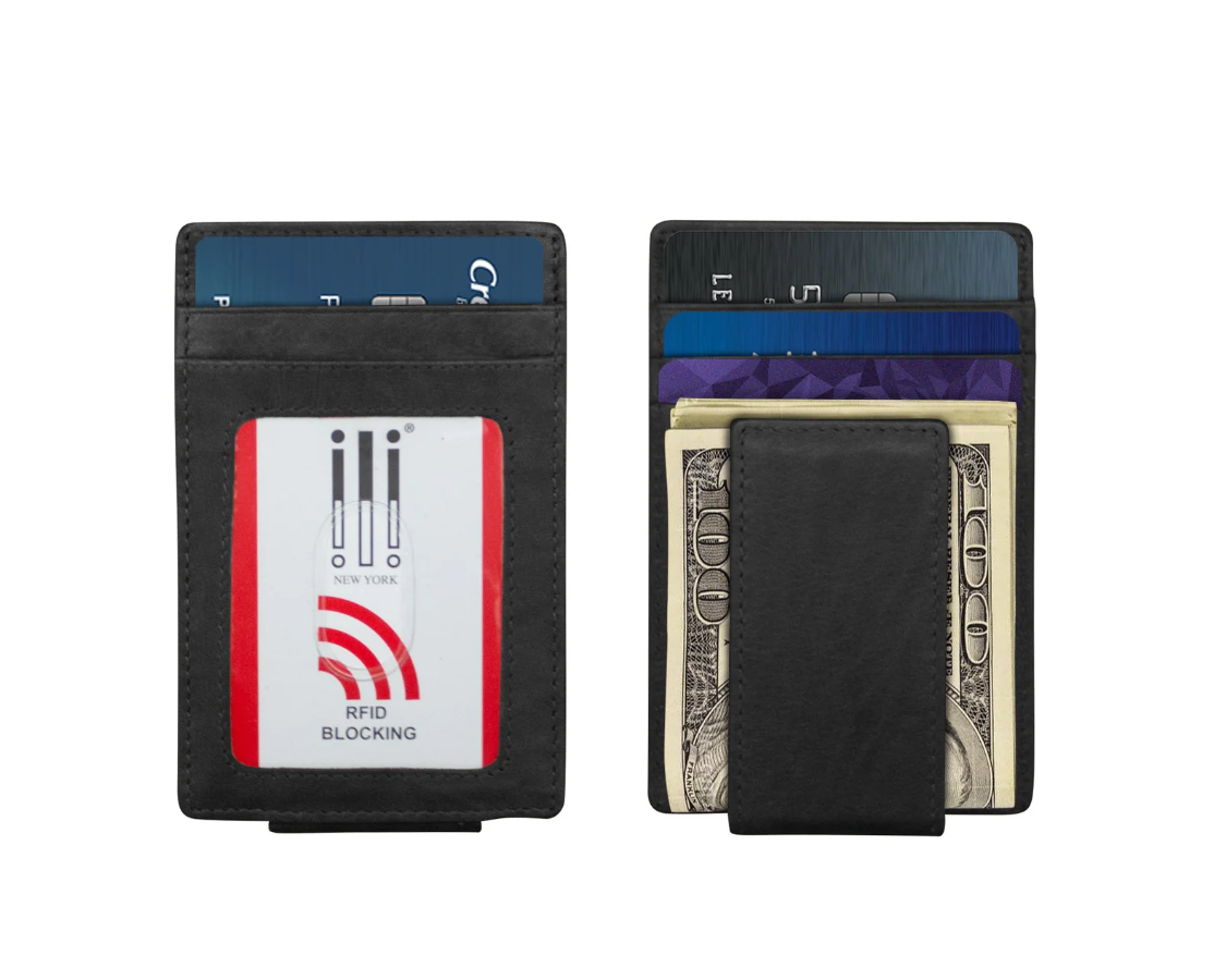 ili New York Leather Magnetic Money Clip w/ RFID Black
