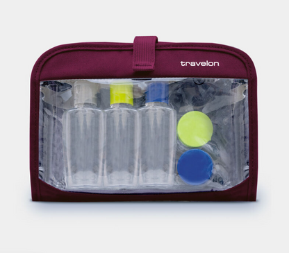 Travelon 3-1-1 Wet/Dry One Quart Clear Hanging Toiletry Bag with Bottles and Jars Burgundy