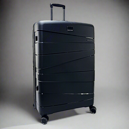 #Black suitcase with a textured surface on a white background