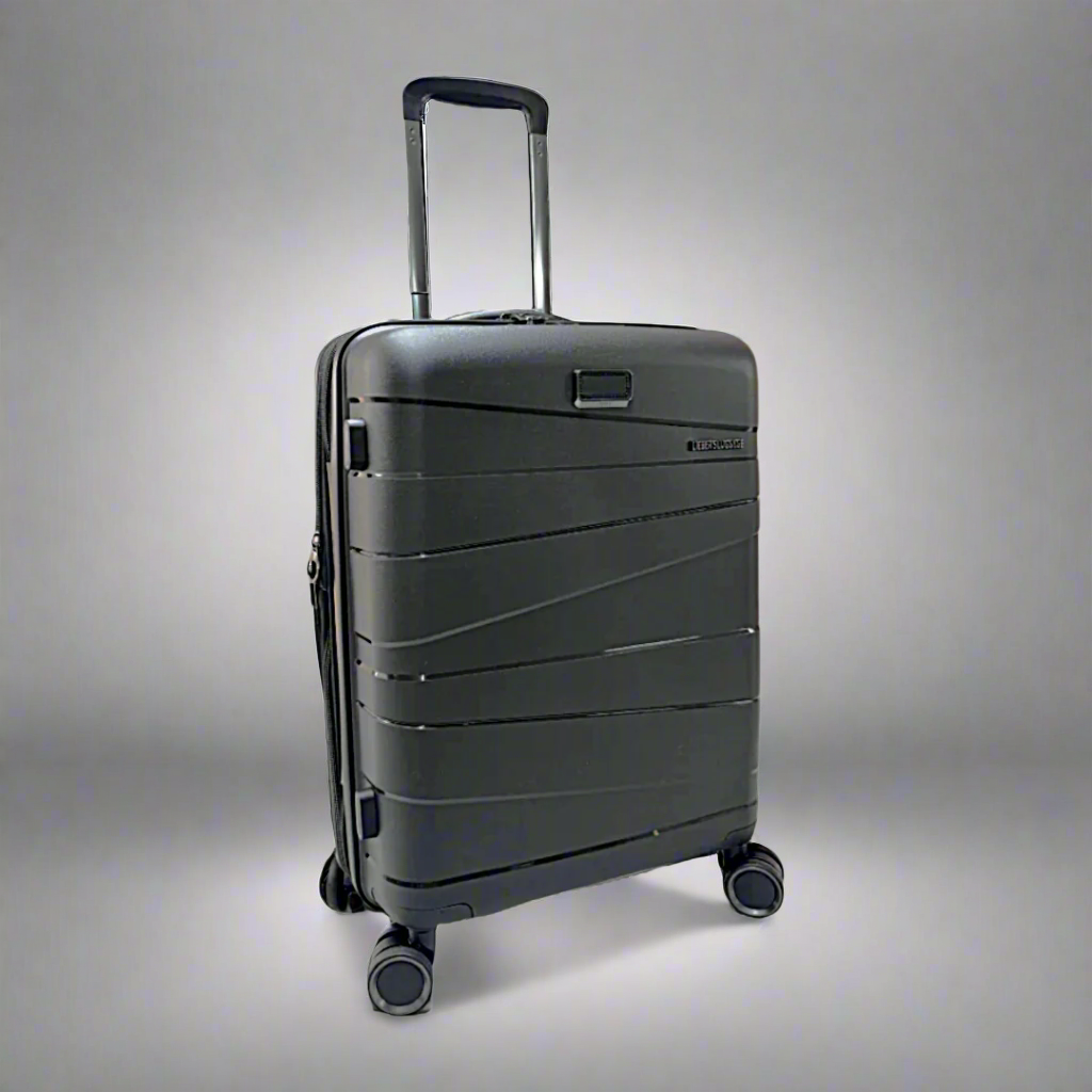 #Black suitcase with wheels and handle on a white background