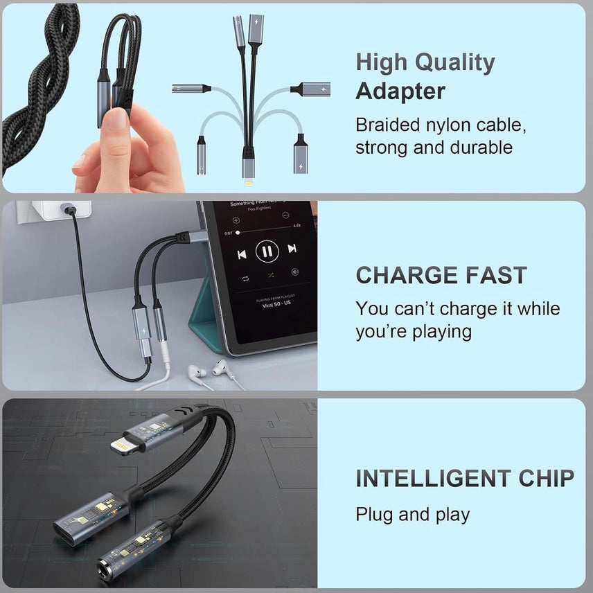 A promotional collage for a braided USB-C to Lightning adapter cable. The top panel shows the black braided cable being held by a hand, with text calling out a high-quality adapter.