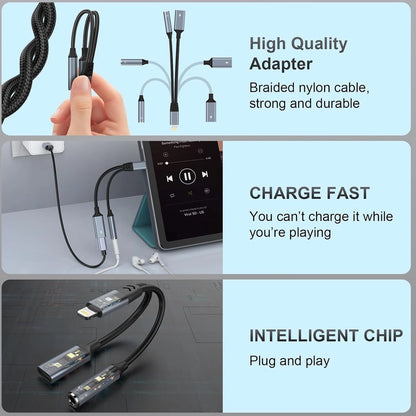 A promotional collage for a braided USB-C to Lightning adapter cable. The top panel shows the black braided cable being held by a hand, with text calling out a high-quality adapter.