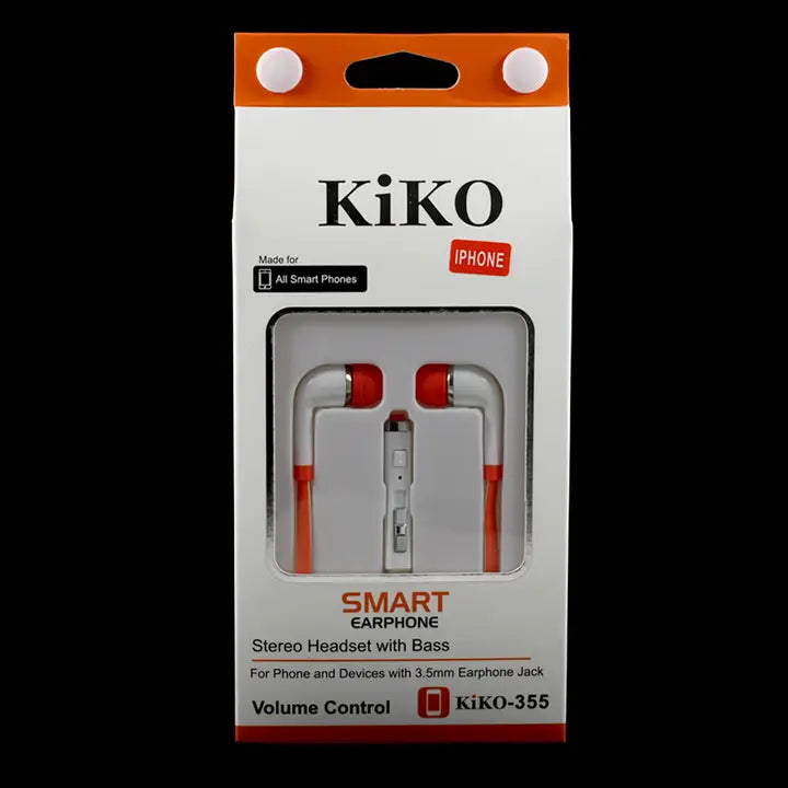 Kiko Smart Earphone retail packaging showing a white and orange box with a clear window revealing the wired in-ear headphones inside, on a black background.