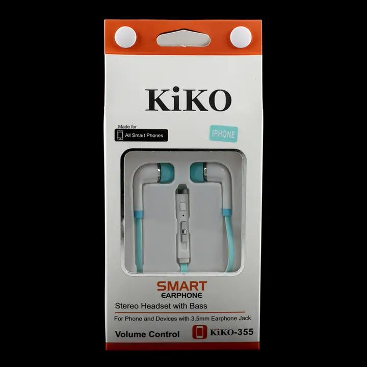 Kiko brand smart earphone in its original retail packaging, featuring a white box with an orange top and bottom border, a clear window showing the earphones inside, and text indicating 'Smart Earphone' and 'Volume Control'.
