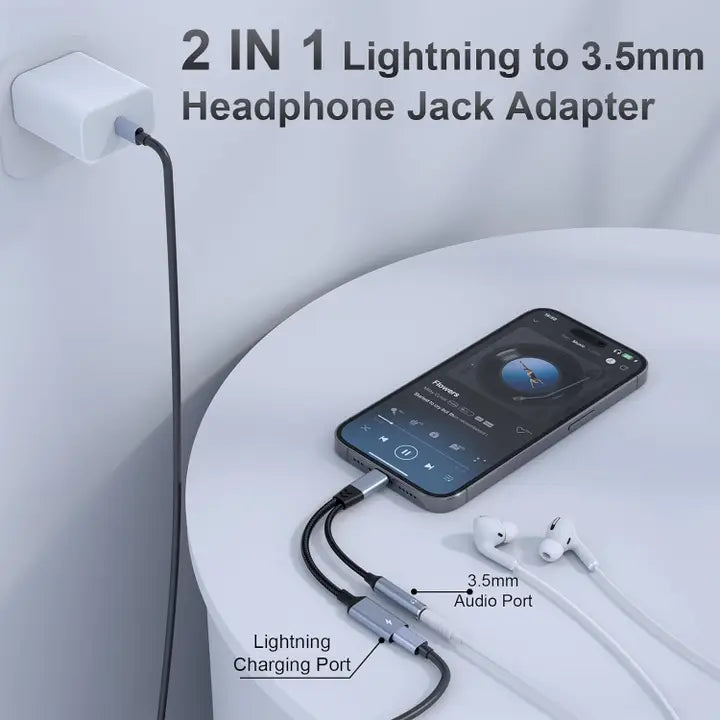 2 in 1 lightning to 3.5 mm headphone jack adapter. Depicts Lightning Charging Port and 3.5 mm Audio Port. 